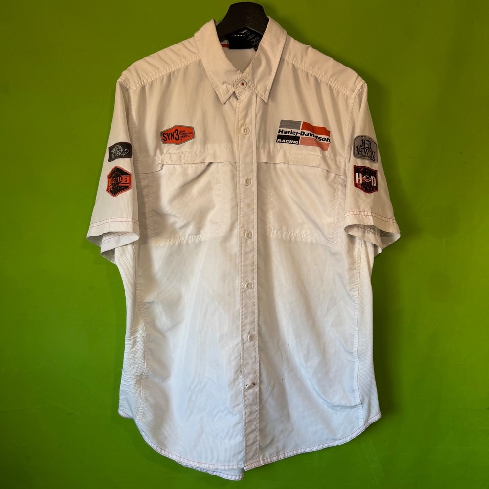 Harley-Davidson Racing White Ripstop Short Sleeve Button Up Shirt Mens Large